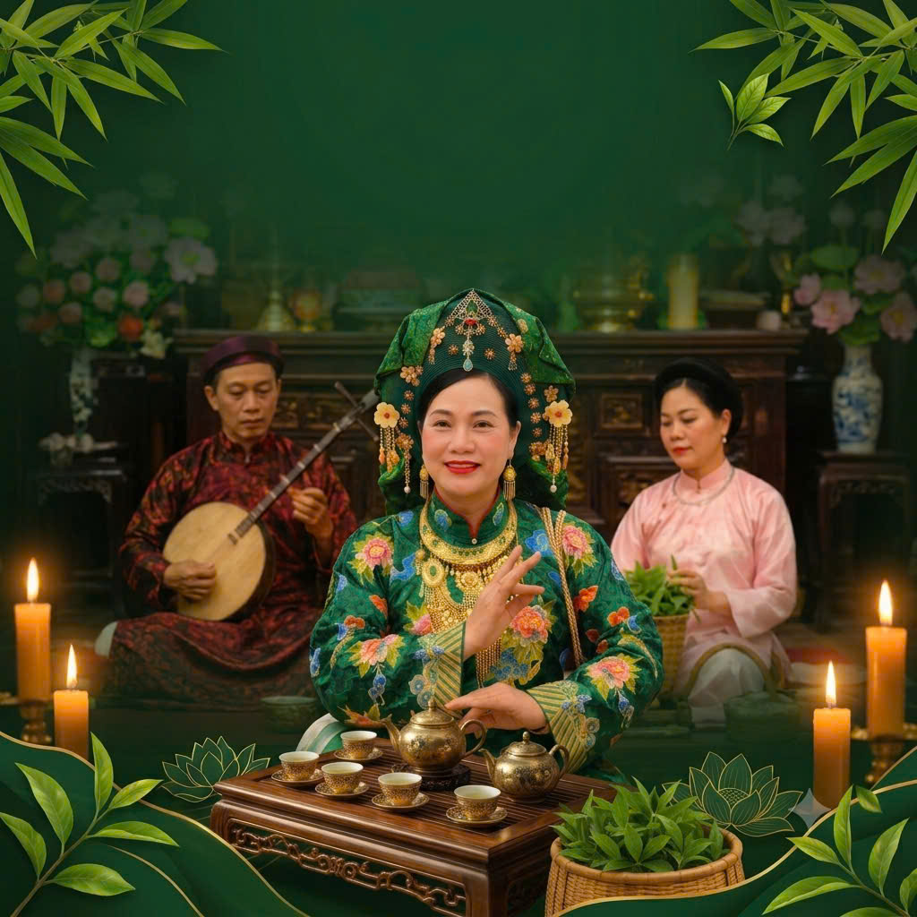 Poster Trà Trung Du và Hát Văn – nghệ nhân trong trang phục truyền thống